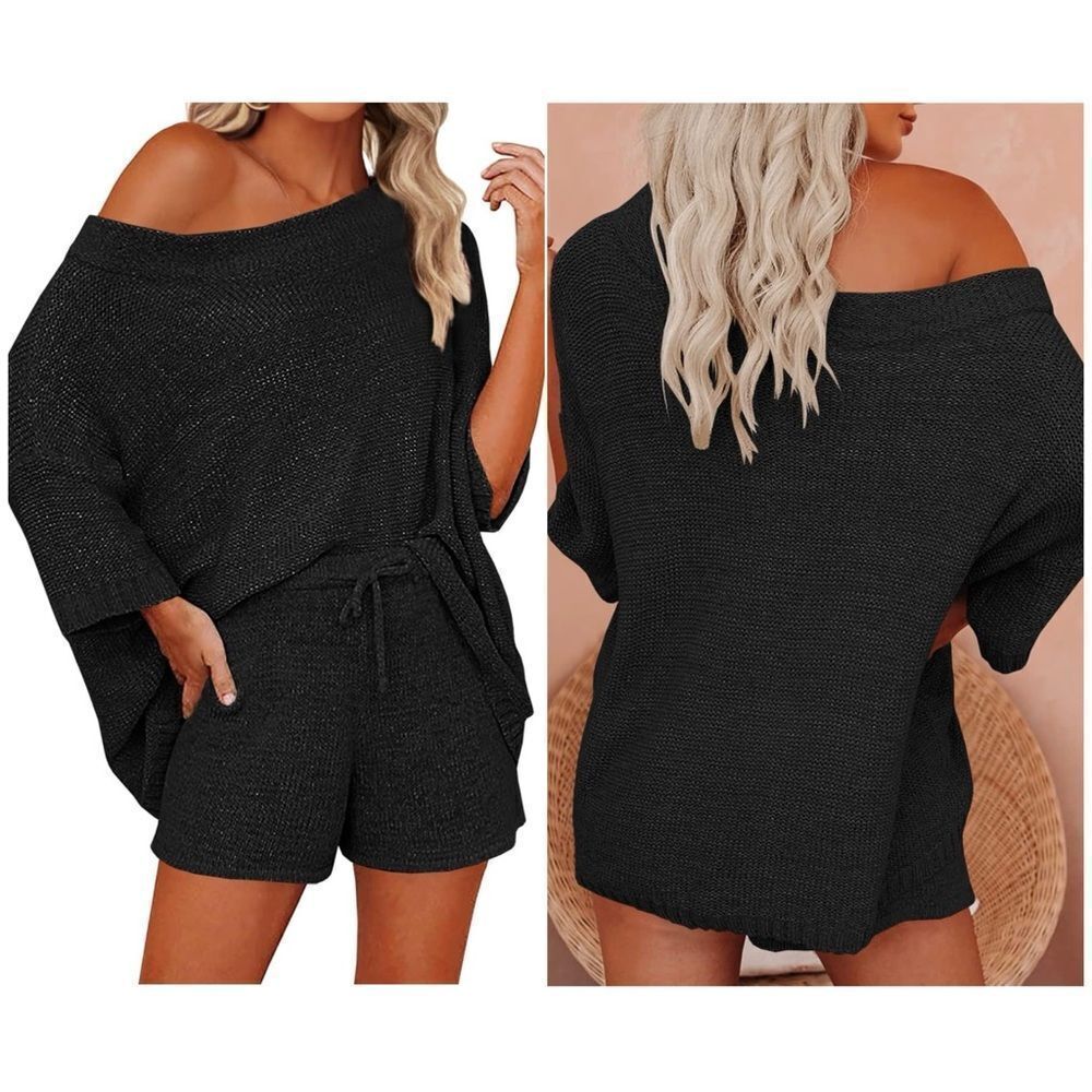 Mafulus 2 Piece Knit Off Shoulder Short Sleeve Sweater Shorts Set Black XL
